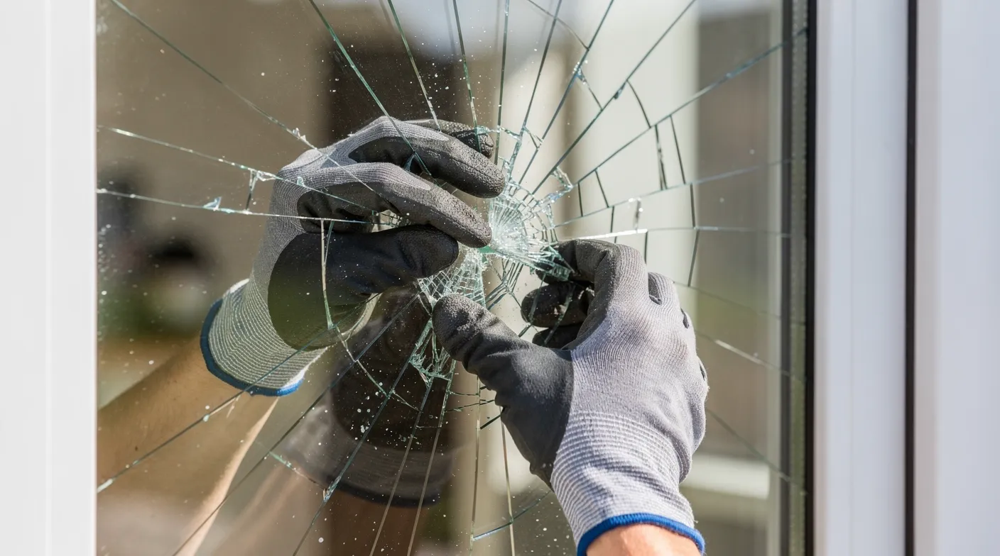 Mains gantées déposant une vitre fissurée de son cadre